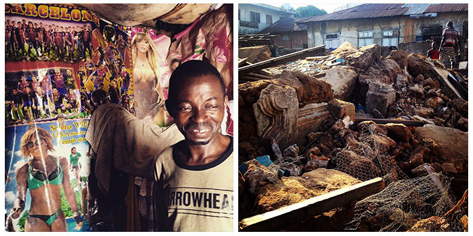 Sunday Nwankwo in his home, inside the bungalow - The remnants of the bungalow after demolition