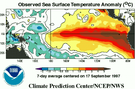 The sea surface temp in 1997, with Baja at the top right.