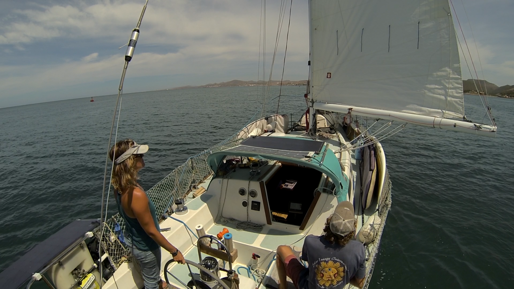 Oleada sailing out the La Paz channel and north into the Sea of Cortez.