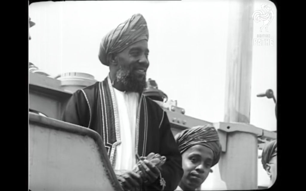 Seyyid Khalifa bin Haroub, third-to-last Sultan of Zanzibar, pictured aboard a British submarine in 1929 with son Abdullah bin Khalifa, who would become the second-to-last Sultan of Zanzibar. Still courtesy of British Pathé http://www.britishpathe.com/video/the-sultan-of-zanzibar-1