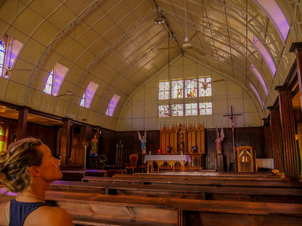 Inside the unusual Santa Rosalía church, which was first built for the 1898 World’s Fair in Paris. It was broken down and shipped around Cape Horn to the French mining settlement in Santa Rosalía, purportedly at the request of the wives of the first mine managers.