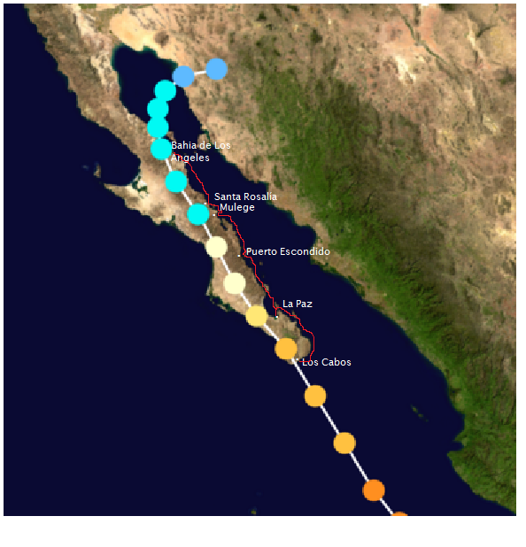 The track of Hurricane Odile. Each dot represents the progress every six hours. All orange-to-tan dots are hurricane status, and light blue is tropical storm status (on the Saffir-Simpson scale for measuring hurricane wind speed.) The red line is the approximate track of Oleada.
