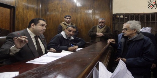 Novelist Sonallah Ibrahim, right, testifies about Using Life. Photo courtesy of Tahrir Newspaper.