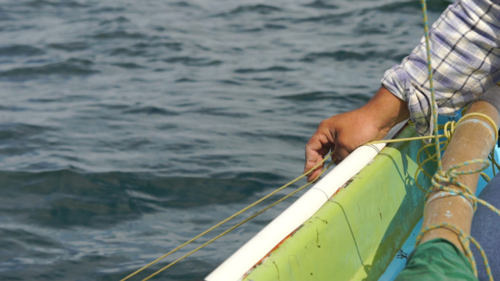 Fingers on the line can sense each individual shrimp 20 to 30 feet underwater in the net. Photo from video by Jon Neely.