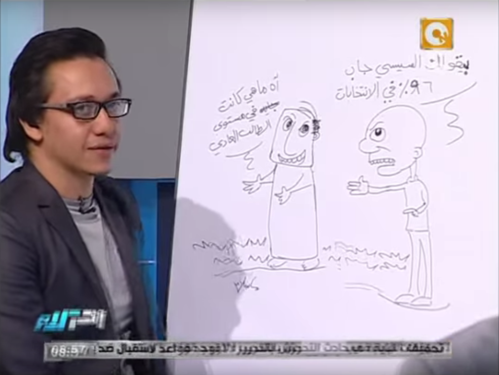 Gawish live-cartoons on Yosri Fouda’s prime-time show The Last Word, 12 June 2014.