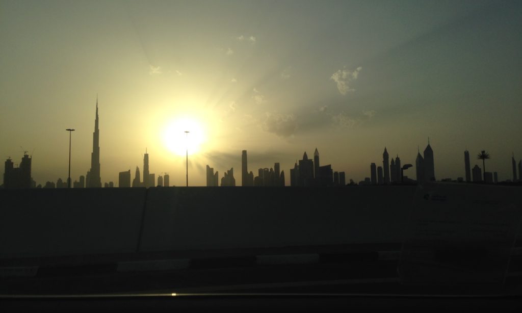 Dubai’s iconic skyline at sunset, with Burj Khalifa, the tallest building in the world on the left
