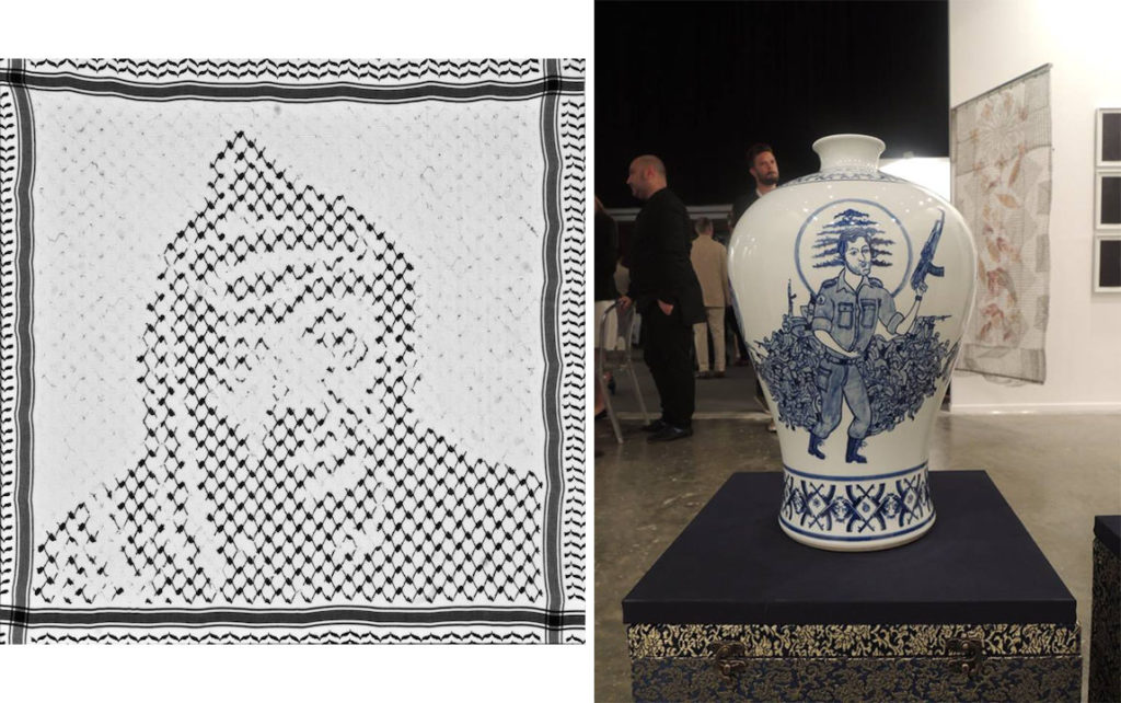 Arafat 2002, by Amer Shomali, Kuffiyeh on canvas 1/6, 100 x 100 cm, 2014. Yassin Dynasty, by Raed Yassin, hand-painted porcelain vase, 40.5X26cm, 2013.