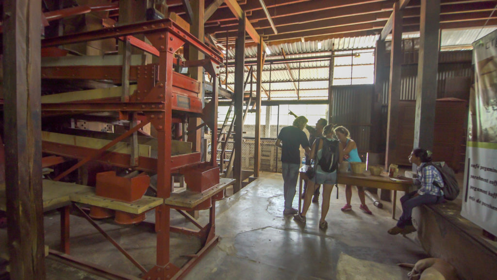 Bruno points out one of the last steps in the coffee-making process, the kiln that removes the papery husk from the bean.