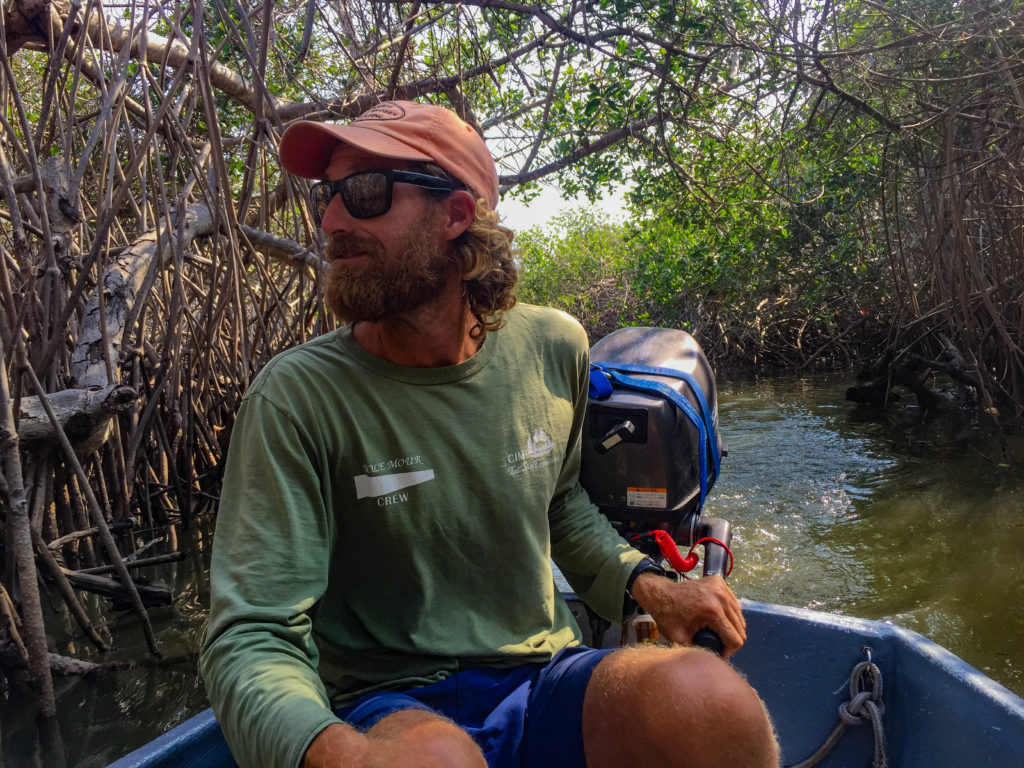 Josh navigates the mangroves in southern Mexico in our 9-foot dinghy.