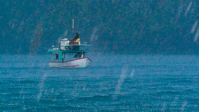 A typical fishing boat waits out a downpour in a protected cove near Quepos.