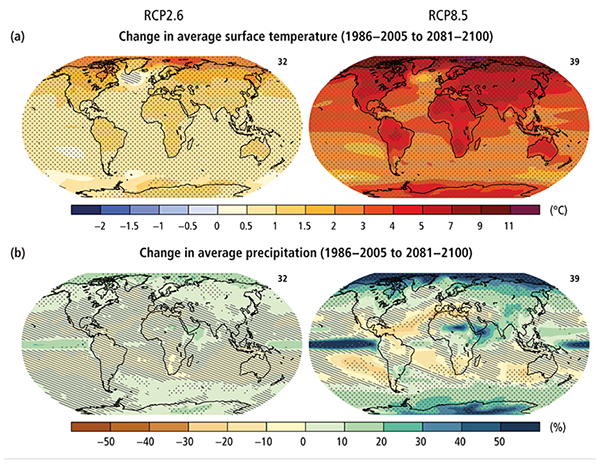 This graphic from the Intergovernmental Panel on Climate Change (IPCC) shows the average surface temperature on the top and average precipitation on the bottom. The left globe for each is the most conservative projection, now considered too conservative, and the globes on the right represent the consensus of models for a more realistic scenario. Dots represent areas where change is predicted to be large compared to natural variability, and stripes represent areas where the projection shows not much change. By 2100, Costa Rica temperatures are projected to rise by 5 degrees C, and rainfall could decrease by 20-30 percent.
